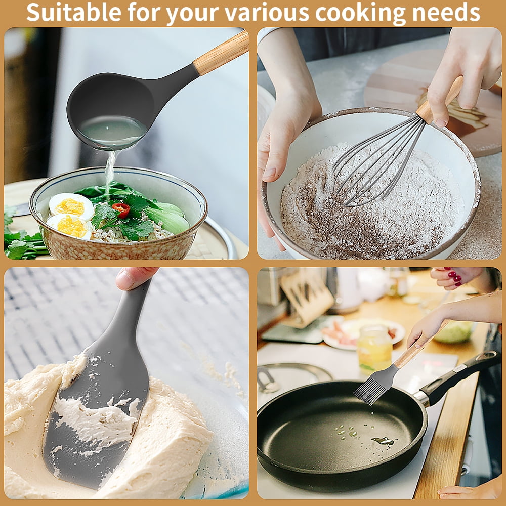 YooYuuk Silicone Wooden Heat Resistant Kitchen Utensil Set, 12 pcs - Image 3
