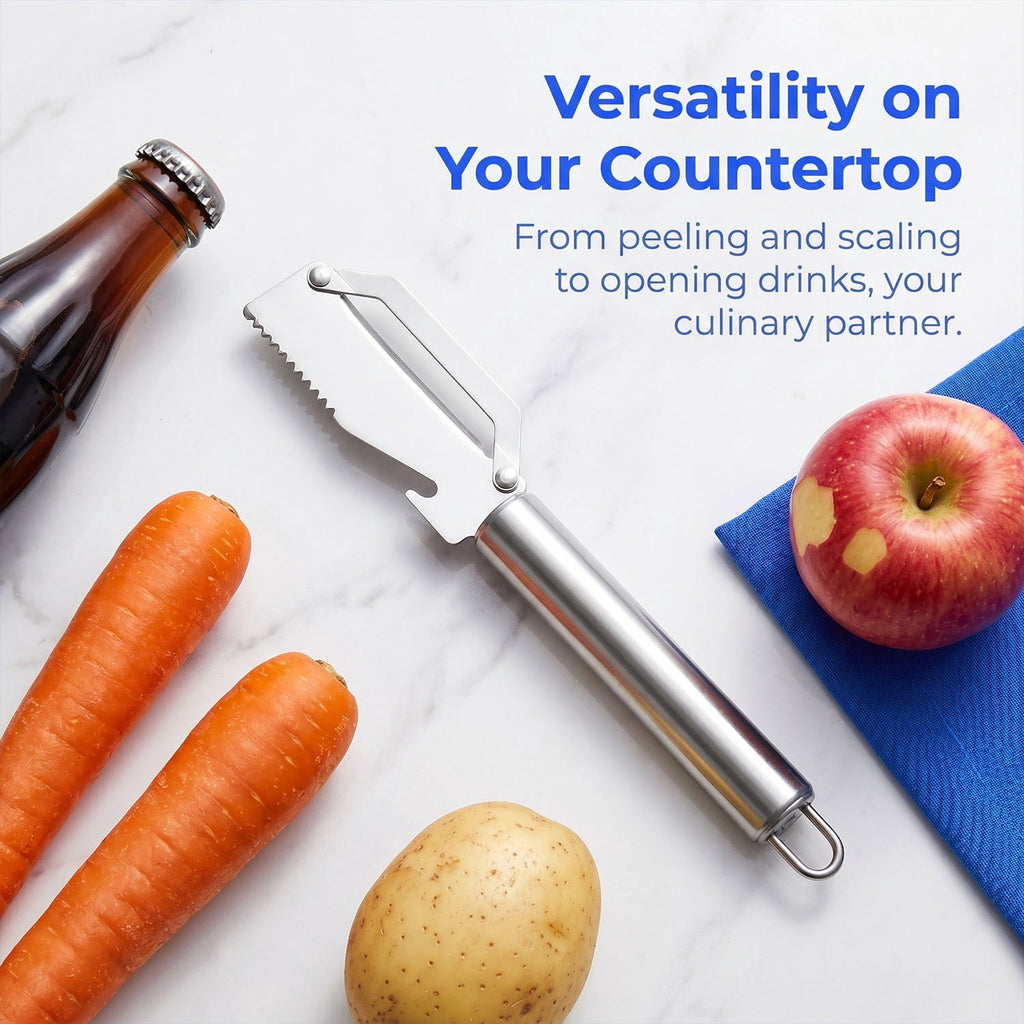 Fountwell 3-in-1 Stainless Steel Peeling Knife – Multifunctional Fruit & Vegetable Peeler, Beer Bottle Opener, Fish S... - Image 6