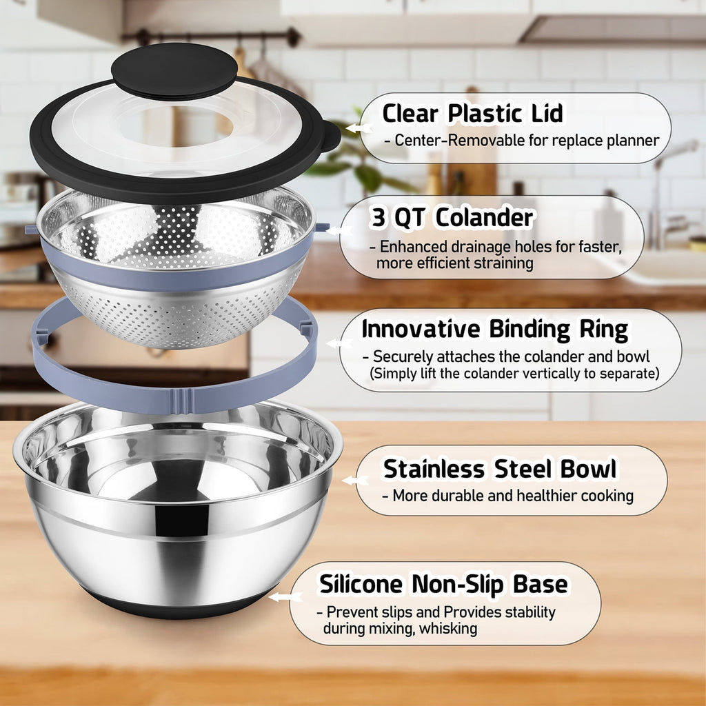 Vesteel Colander with Mixing Bowl Set, 4 in 1 Stainless Steel Food Strainer with Airtight Visible Lid and 3 Graters, ... - Image 5