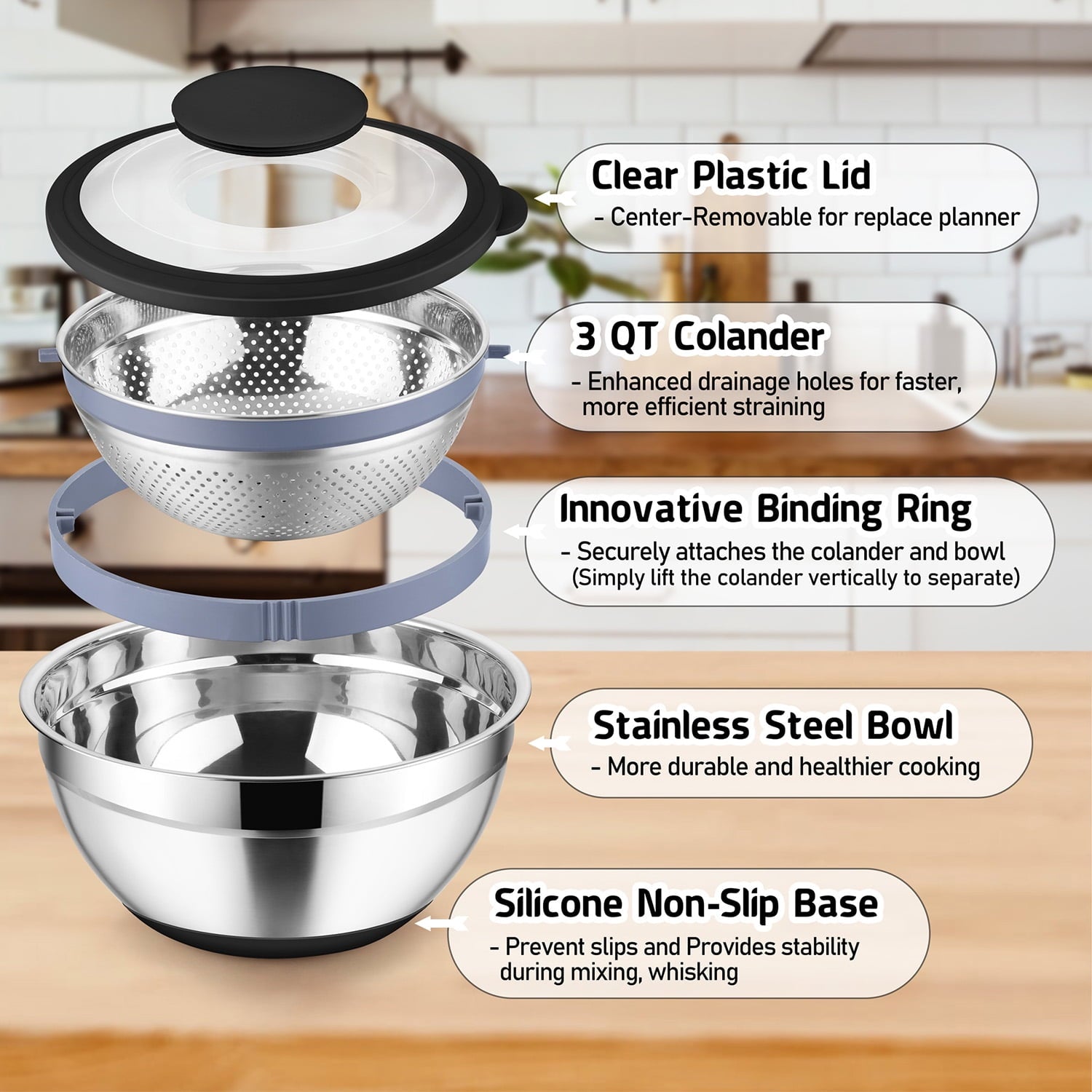 Vesteel Colander with Mixing Bowl Set, 4 in 1 Stainless Steel Food Strainer with Airtight Visible Lid and 3 Graters, ... - Image 5