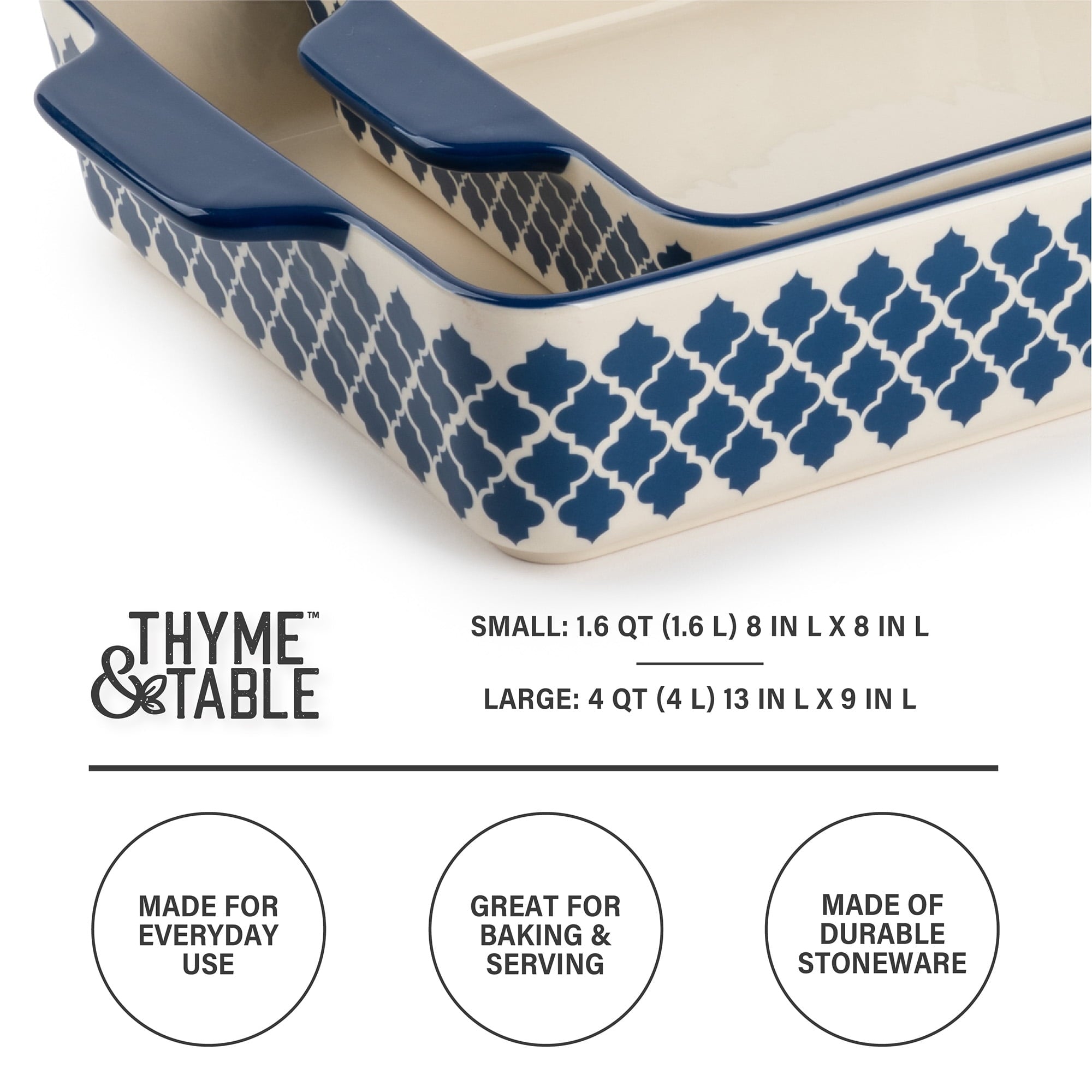Thyme & Table Stoneware Square & Rectangular Baker, Blue Pattern, 2-Piece Set - Image 4