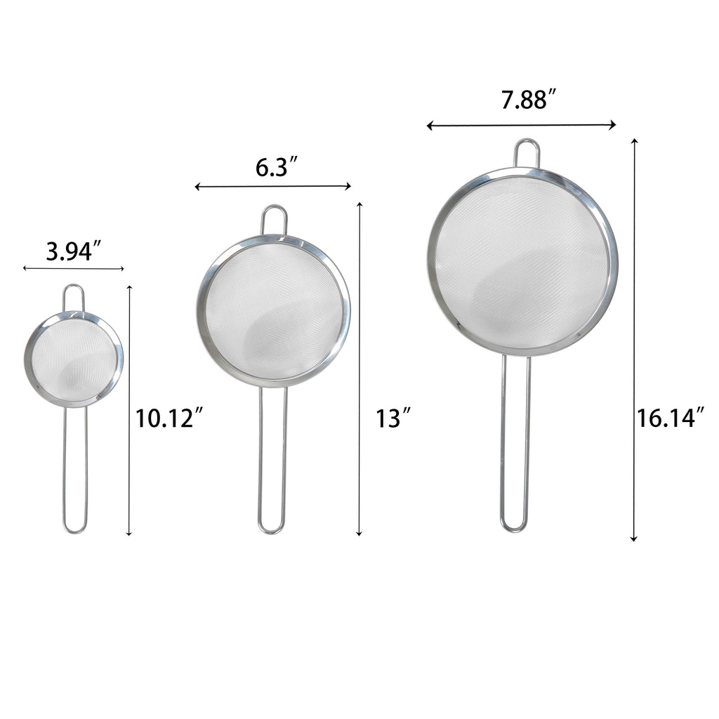Mainstays 3 Pack Premium Stainless Steel Fine Mesh Strainers, 4", 6", and 8", Silver - Image 3