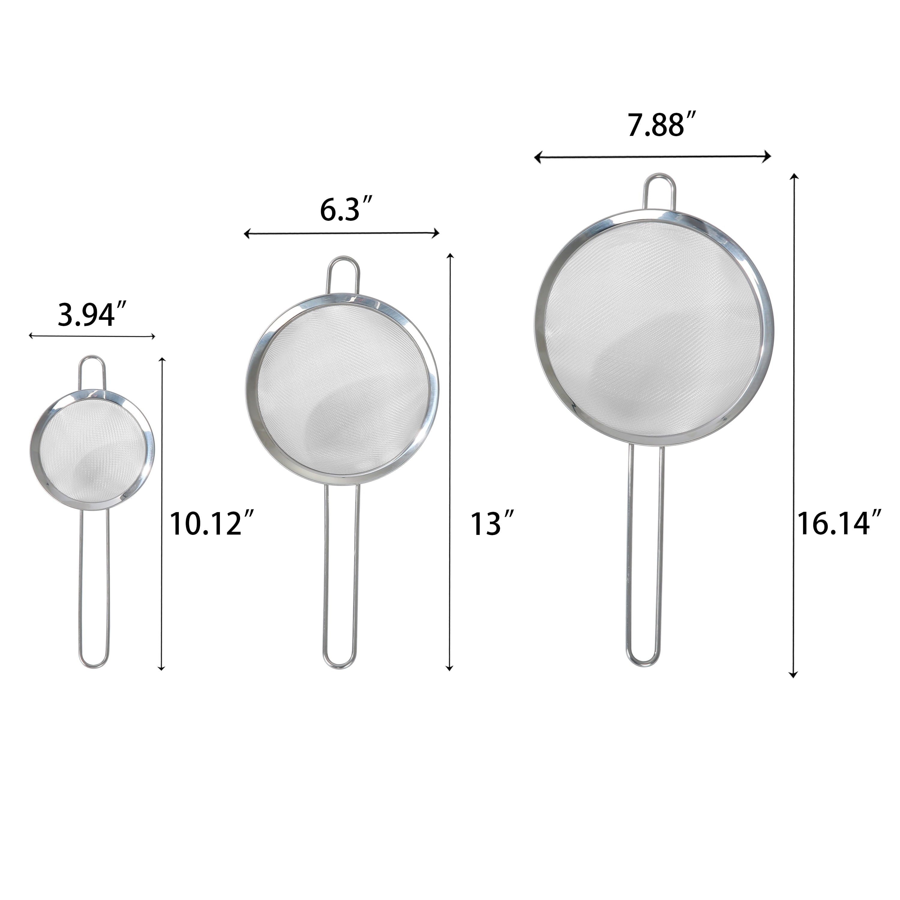 Mainstays 3 Pack Premium Stainless Steel Fine Mesh Strainers, 4", 6", and 8", Silver - Image 3