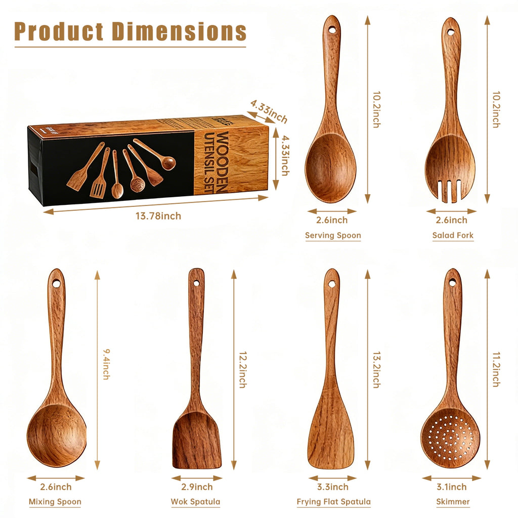 GPED Wooden Spoons for Cooking, 6 PCS Teak Wood Cooking Utensil Set, Wooden Kitchen Utensils for Nonstick Pans & Cook... - Image 6