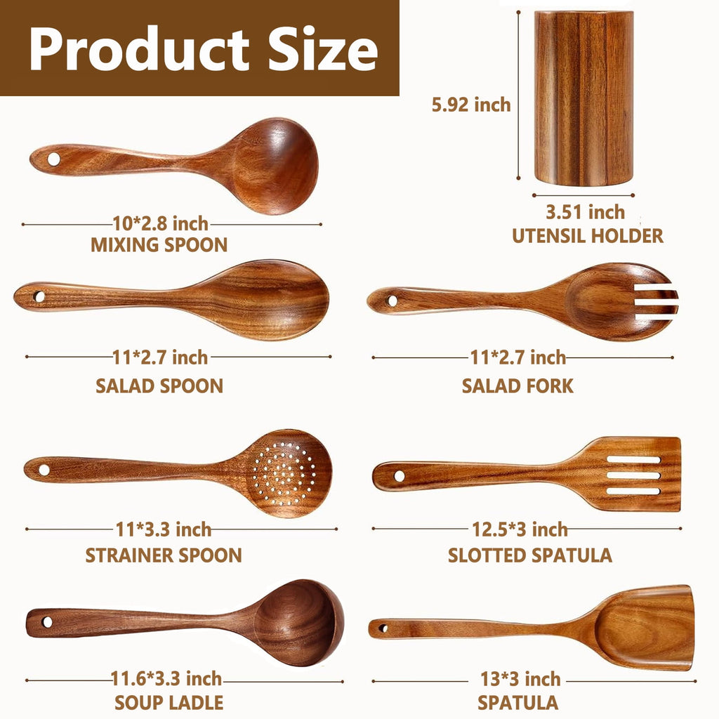 Kisportee Wooden Spoons for Cooking, 8 Pcs Natural Teak Wooden Utensils Set, Non-Stick & Heat Resistant Durable Wood ... - Image 5