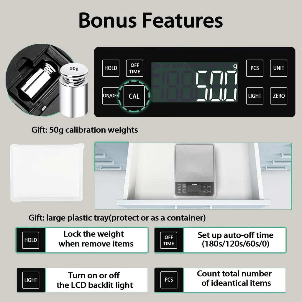 ZOWWKLLY Digital Food Kitchen Scale, Gram Scale 0.1g/0.001oz Accuracy,5kg/11lb Stainless Steel with 9 Units, Tare Fun... - Image 3