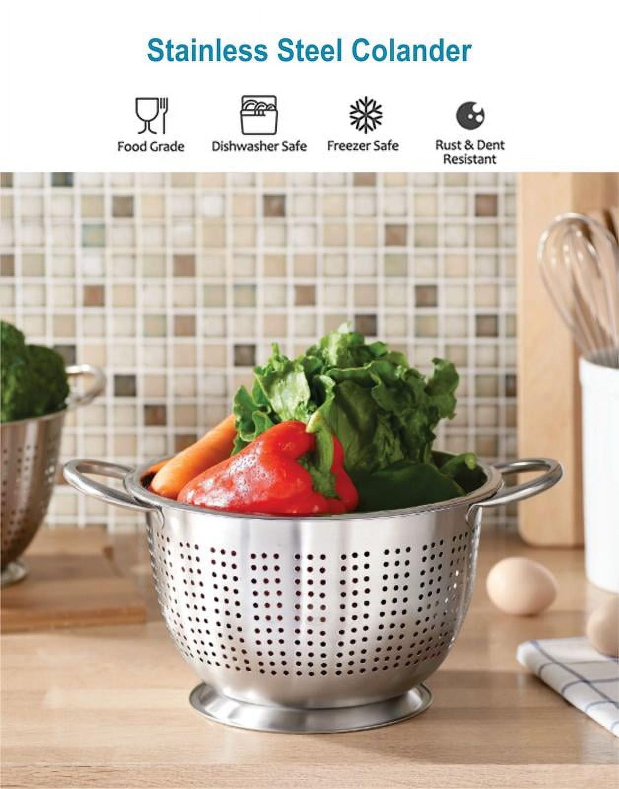 Mainstays SS 5QT Multi-Use Colander for Straining, Draining & Rinsing Pasta, Fruits or Vegetables - Image 2