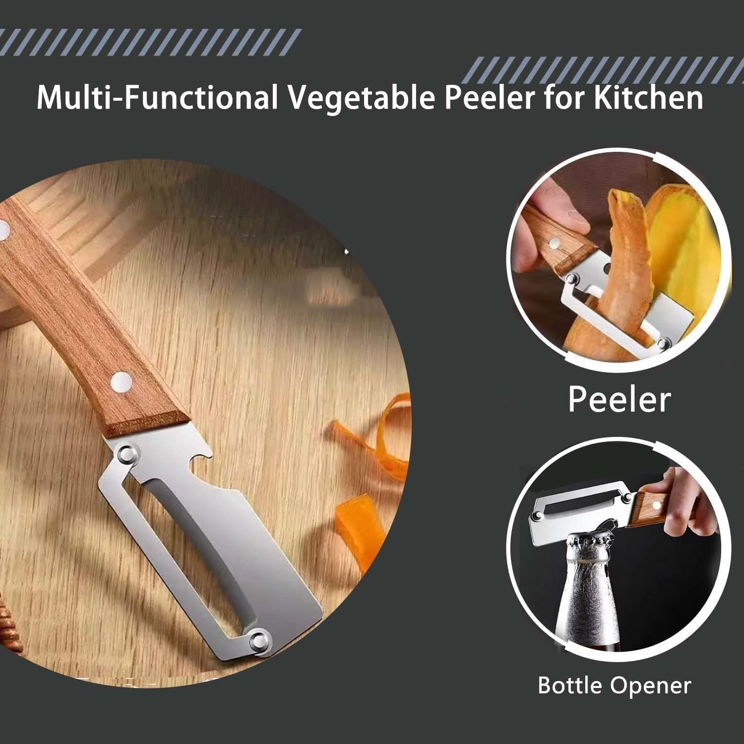 Multi-Functional Vegetable Peeler for Kitchen | Non-Slip Wooden Handle & Bottle Opener with Stainless Steel Blade for... - Image 5