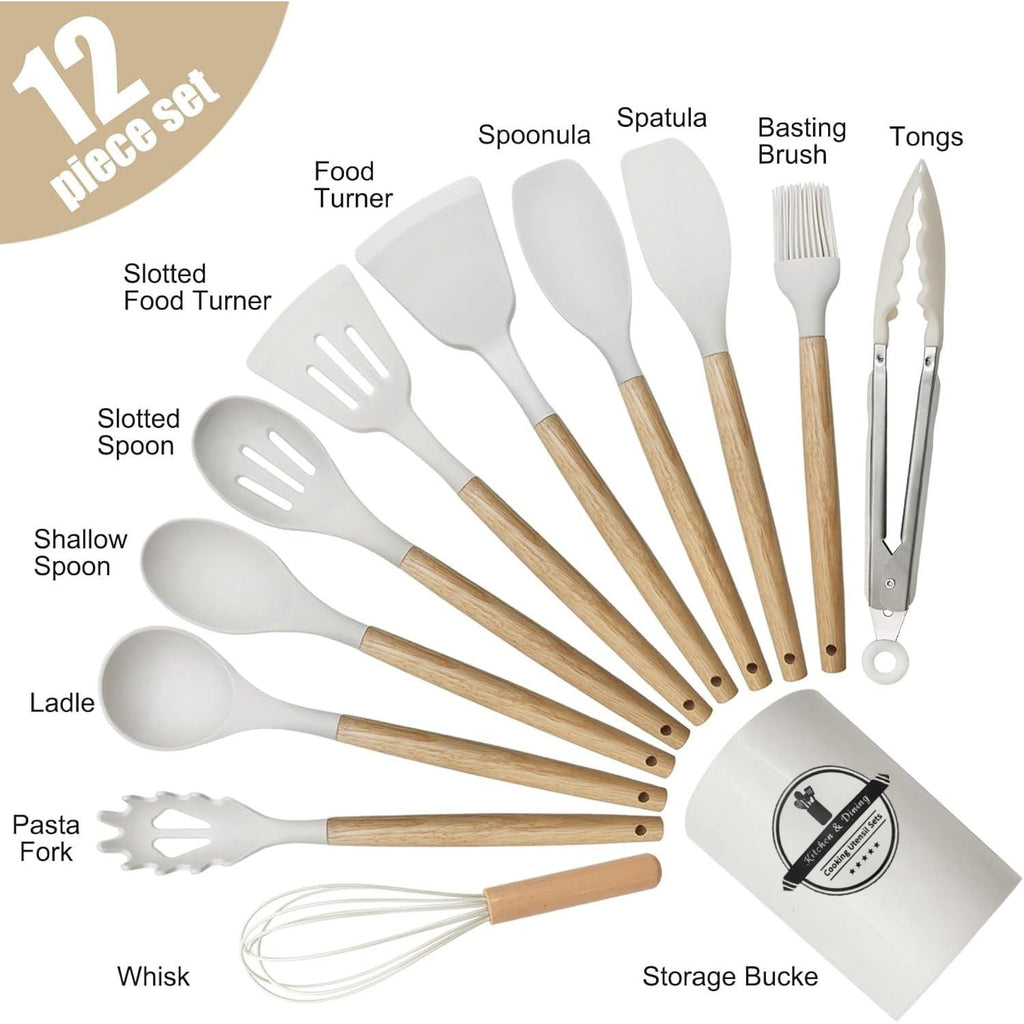Behome Cooking Utensils Set, 12 packs Non-Stick Silicone Cooking Kitchen Utensils Spatula Set with Wooden Handles and... - Image 5