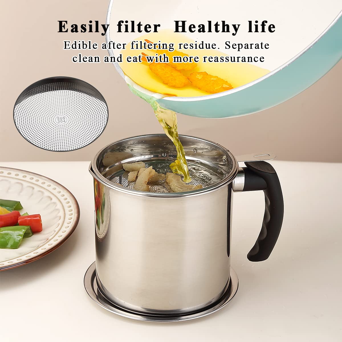 LJSXFI Bacon Grease Container With Strainer, 1.8L(60oz) Kitchen Stainless Steel Oil Container Can with Lid and Anti-s... - Image 4