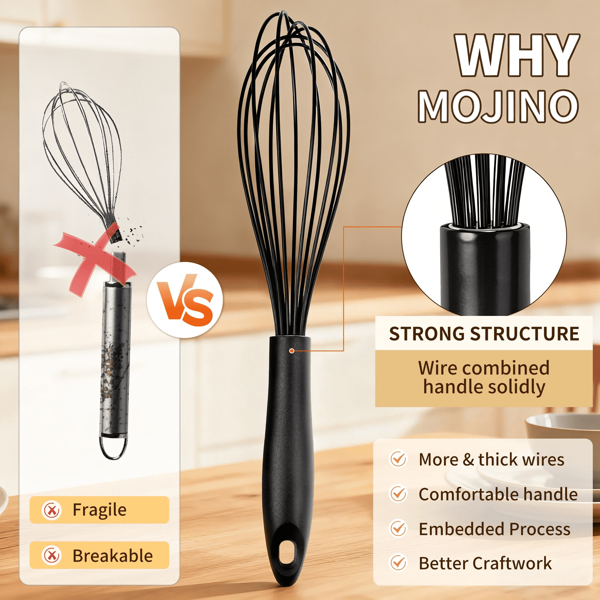 Silicone Wire Whisk, MOJINO Egg Beater Set of 3, Non Scratch Stainless Steel Kitchen Whisks for Cooking, Blending, Be... - Image 2
