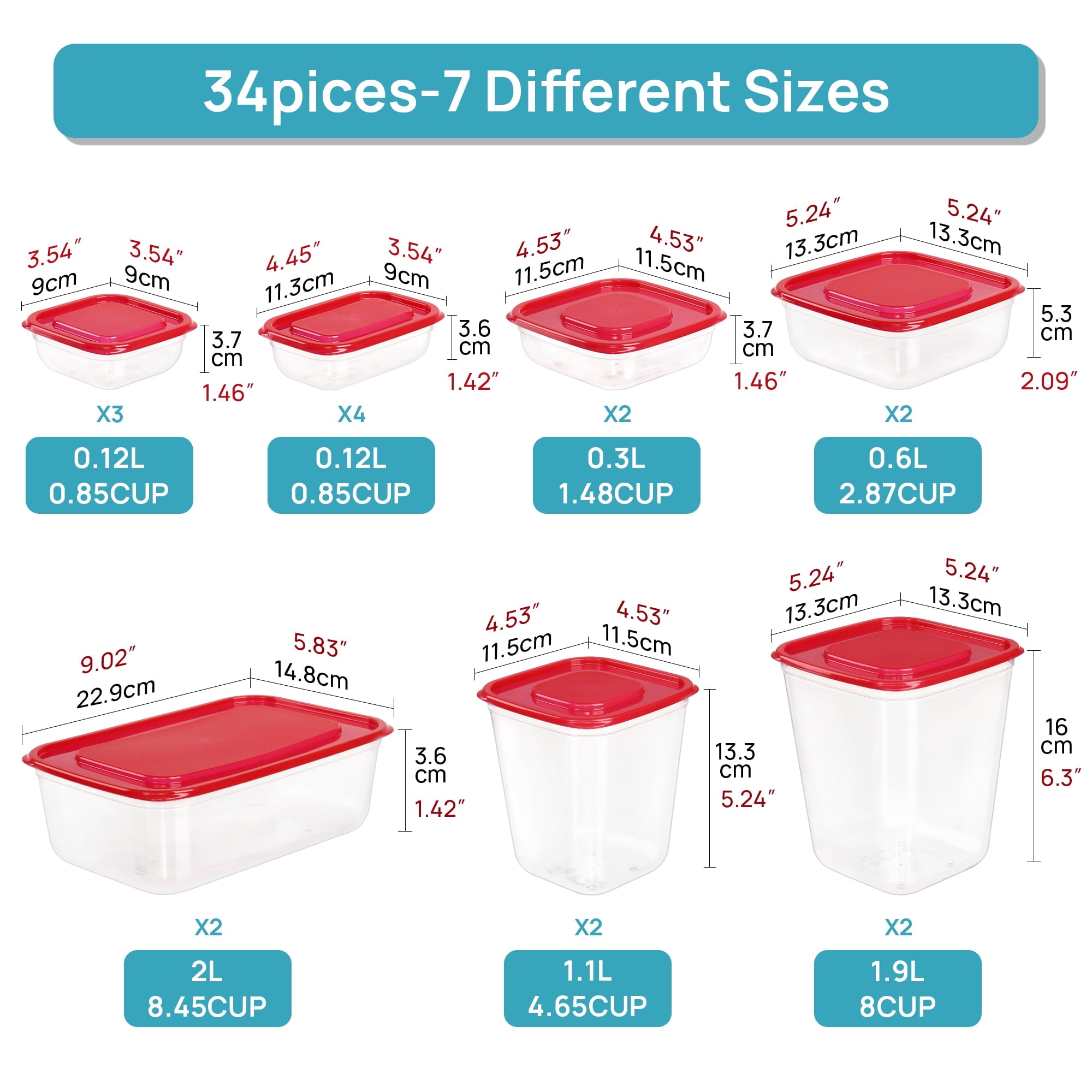 Sindcom 34 Pieces Meal Prep Containers, 7-Size ，Plastic Food Storage Containers with Lids for Lunch,Leftover - Image 3
