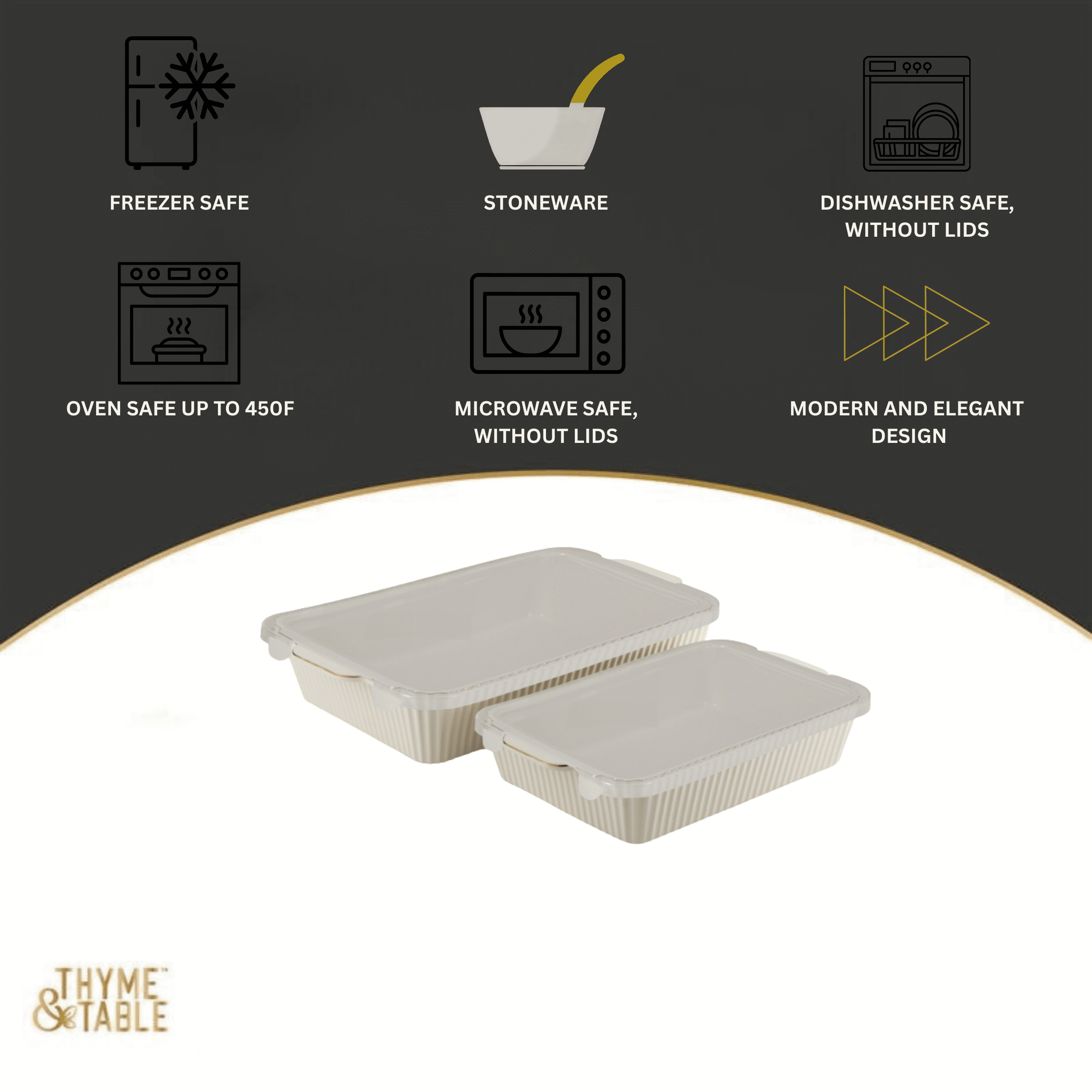 Thyme & Table 4-Piece Stoneware Casserole Dish Bakeware Set, Includes Lids, 9"x13" , 7"x10" Bakers With Lids , White ... - Image 2