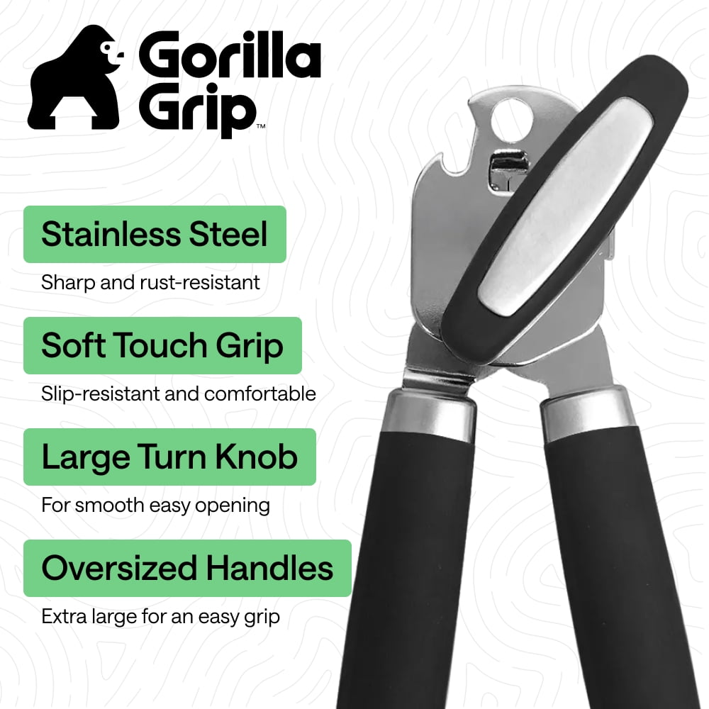 GORILLA GRIP Stainless Steel Manual Can Opener, Soft Touch Handle, Built-In Bottle Opener, Black - Image 2