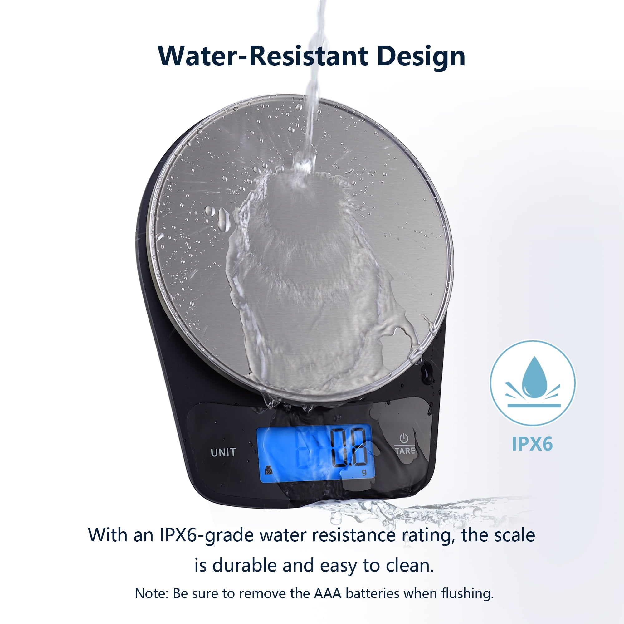Mainstays Waterproof Digital Kitchen Scale with Blue Backlit, Black - Image 3
