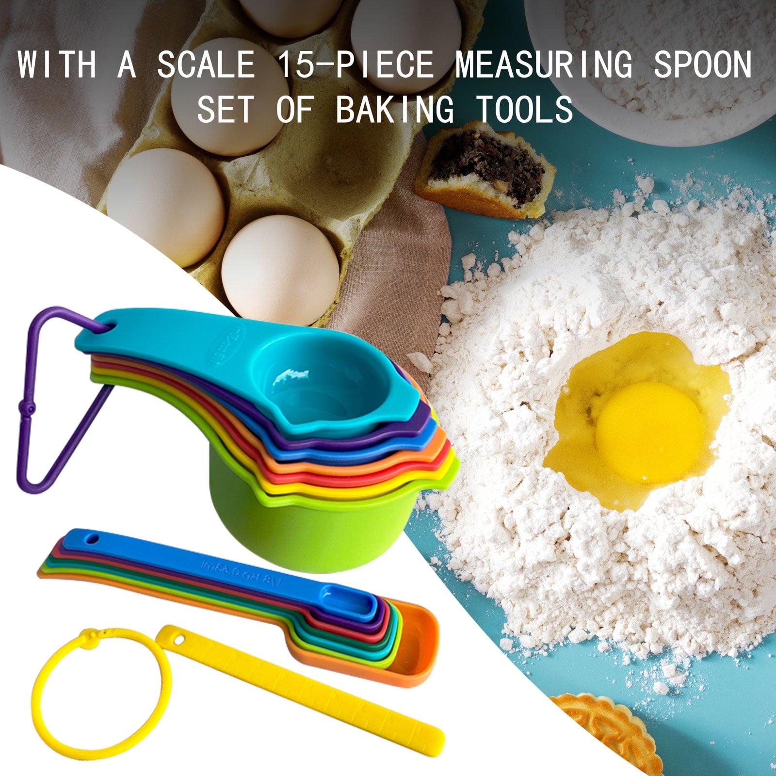 Clearance! JATOK Plastic Measuring Cups and Spoons Set Measuring Cups Set with Spout & Leveler 15 Pcs Colorful Kitche... - Image 4