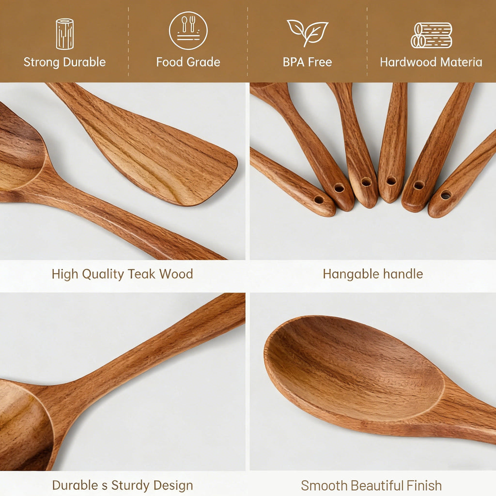 GPED Wooden Spoons for Cooking, 6 PCS Teak Wood Cooking Utensil Set, Wooden Kitchen Utensils for Nonstick Pans & Cook... - Image 3