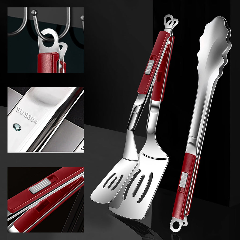 AGCAN Grill Tongs, Stainless Steel Spatula Tongs for Cooking, Grilling, Salad, 2 Pcs Turner Tong Set, 12"(Red) - Image 3