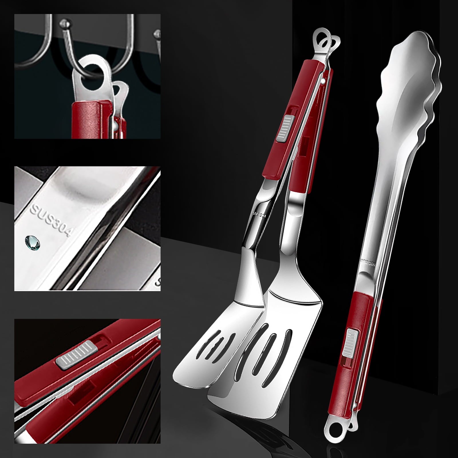 AGCAN Grill Tongs, Stainless Steel Spatula Tongs for Cooking, Grilling, Salad, 2 Pcs Turner Tong Set, 12"(Red) - Image 3