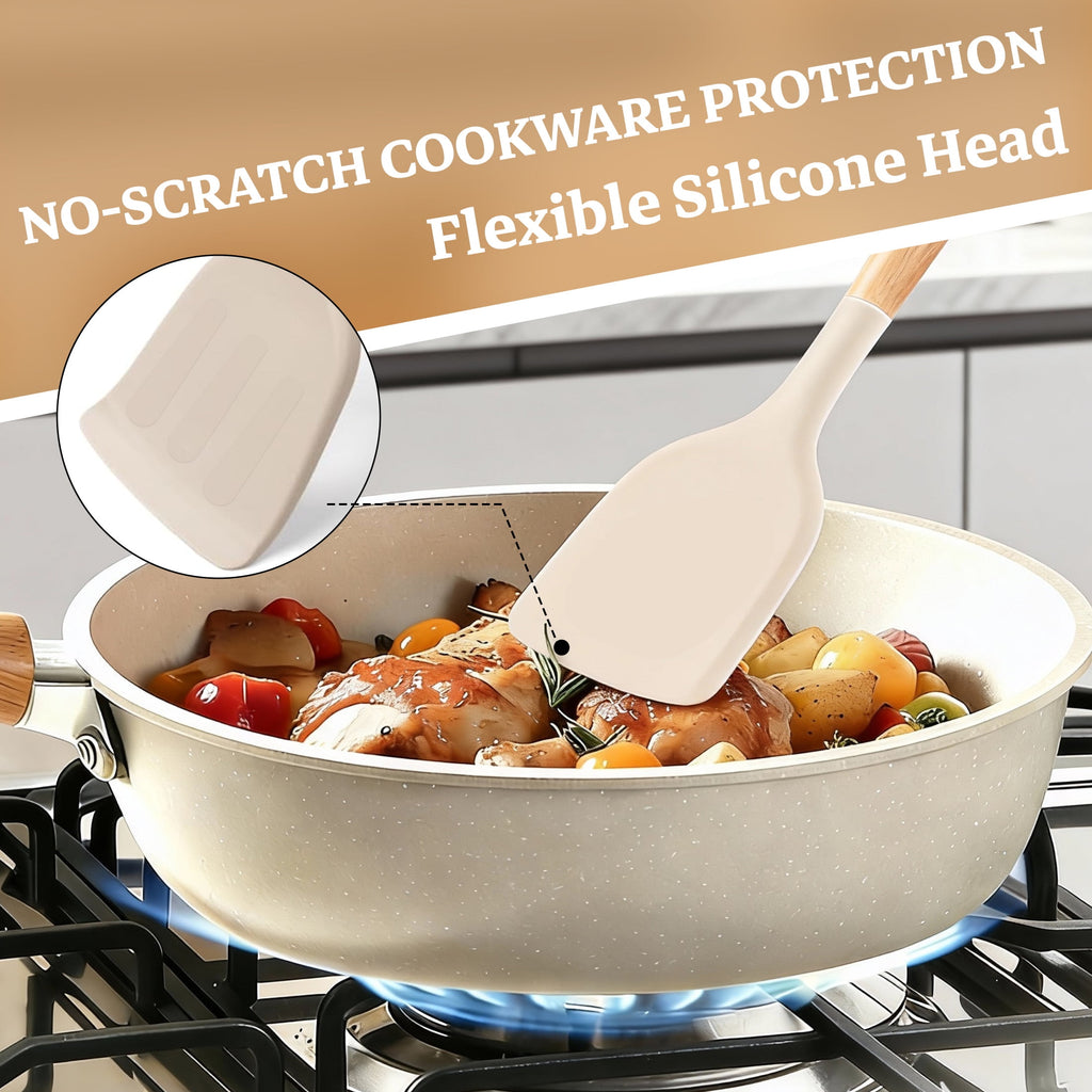 cisilov 14-Piece Silicone Cooking Utensils Set, Non-Stick Kitchen Utensil Set for Baking, Flipping, Mixing, White - Image 4