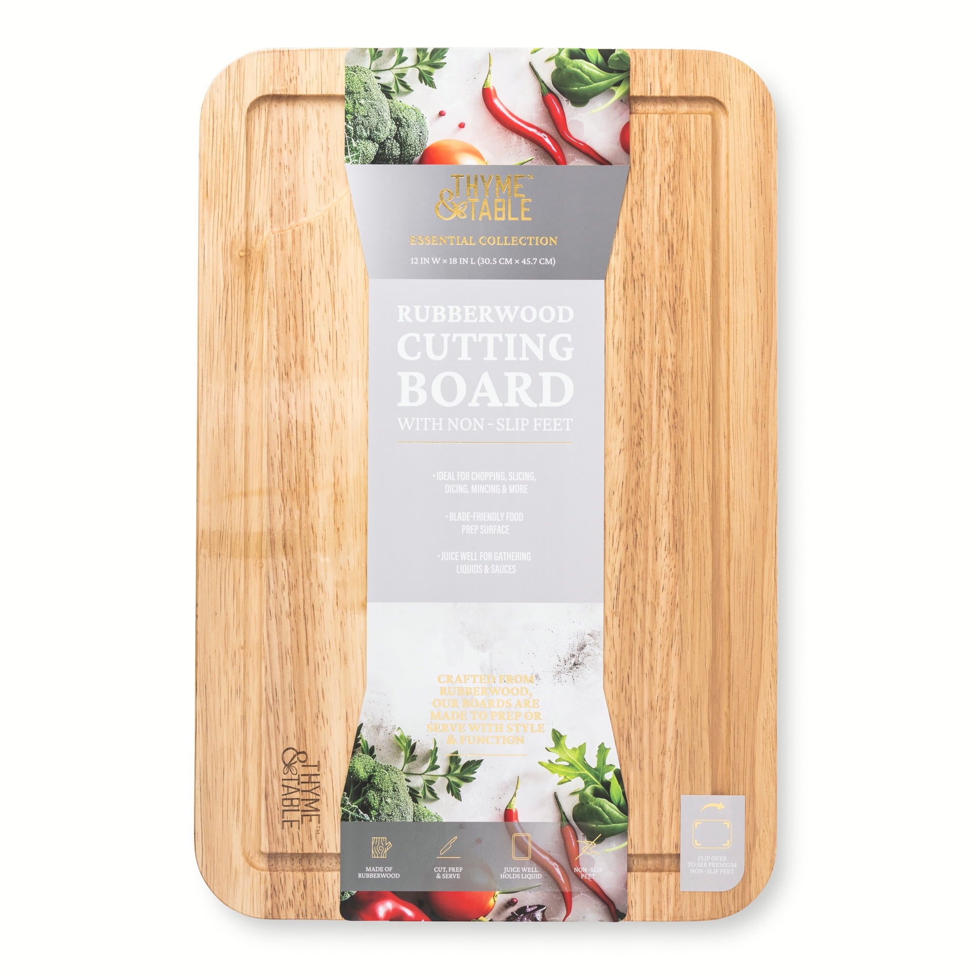 Thyme & Table Large 12" x18" Rubberwood Cutting Board with Shaped Anti-Slip Grips - Image 2