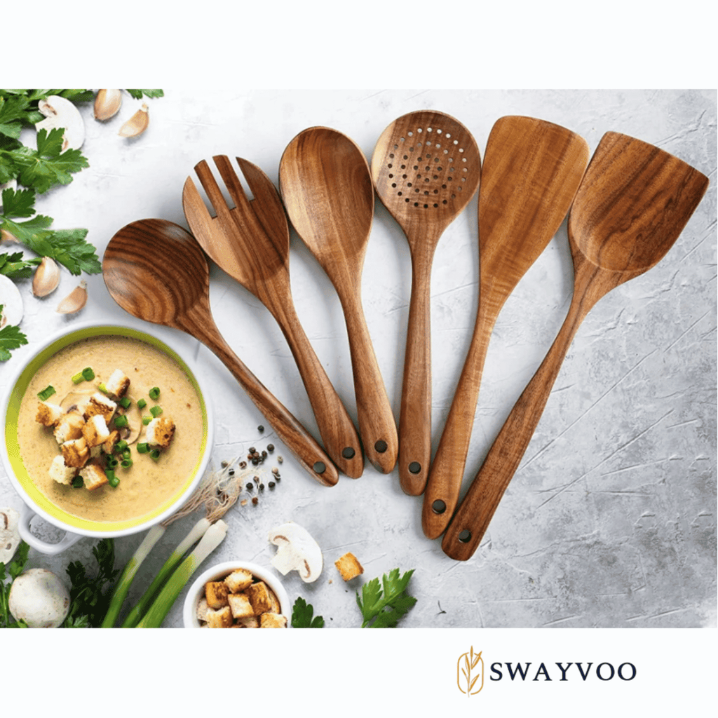 Swayvoo Wooden Spoons for Cooking, 6-Piece 100% Natural Teak Wooden Utensils for Cooking — Heat Resistant, Non-Stick ... - Image 5