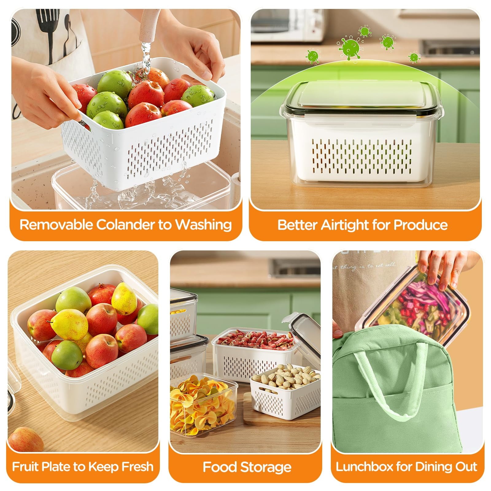 5 Pack Fruit Storage Containers for Fridge with Removable Colanders and Lids, 5 in 1 Leakproof Fridge Organizer Bins ... - Image 5