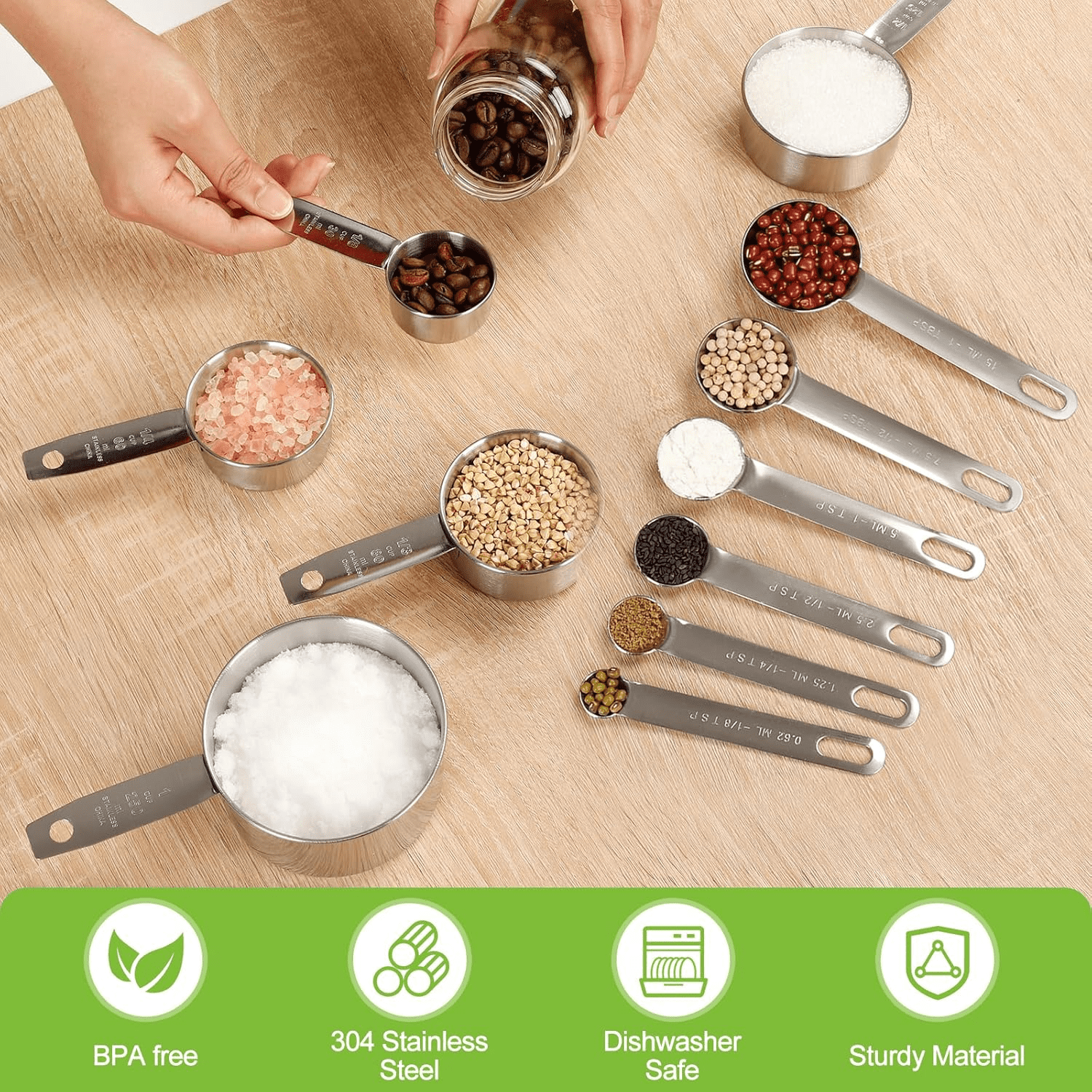 Measuring Cups and Spoons Set of 16, 5 Stainless Steel Nesting Measuring Cups & 5 Spoons, 1 + Leveler & 5 Mini Measur... - Image 5