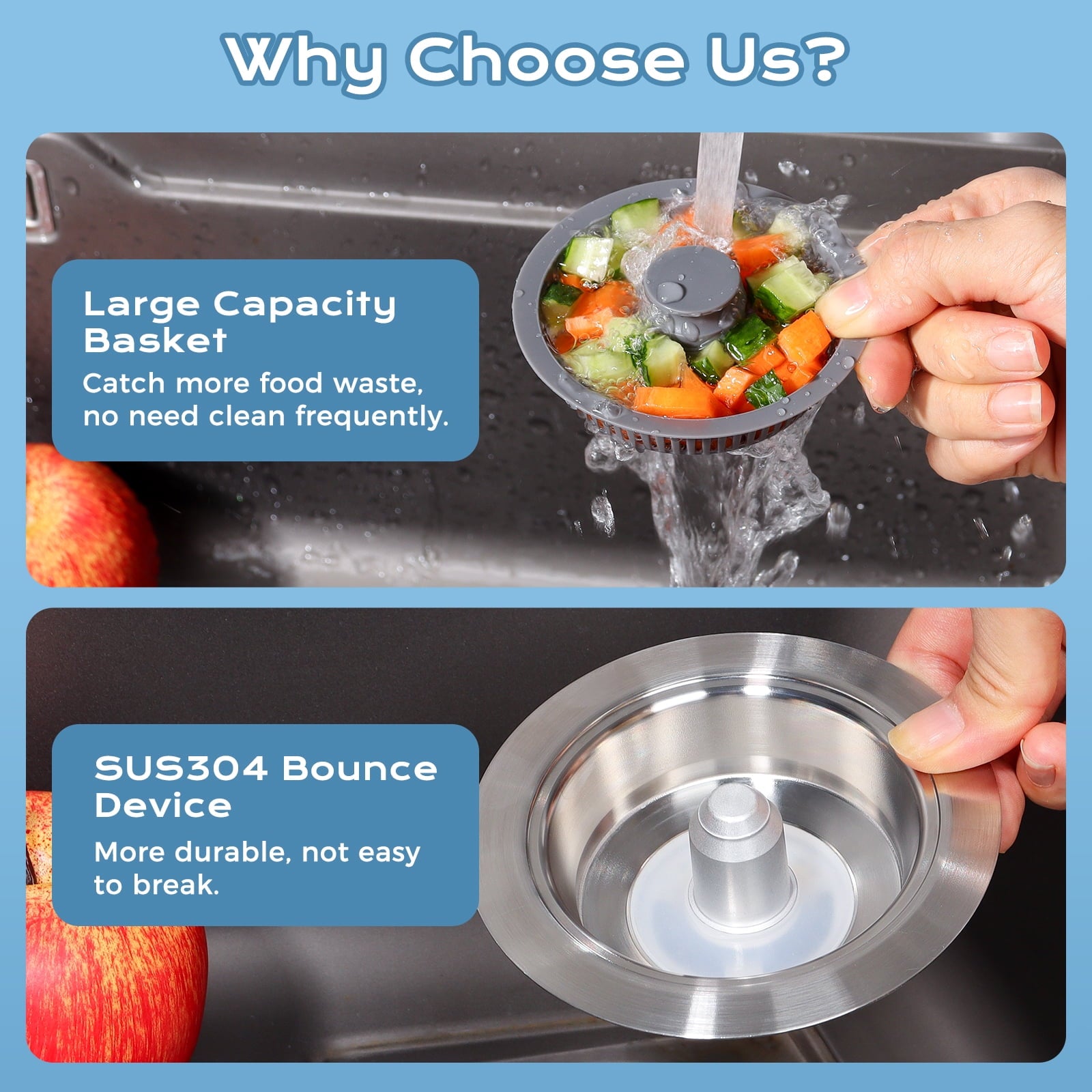 SAMODRA Upgraded 3 in 1 Kitchen Sink Strainer and Stopper, Stainless Steel Drain Strainer Combo for Kitchen Sink, US ... - Image 2