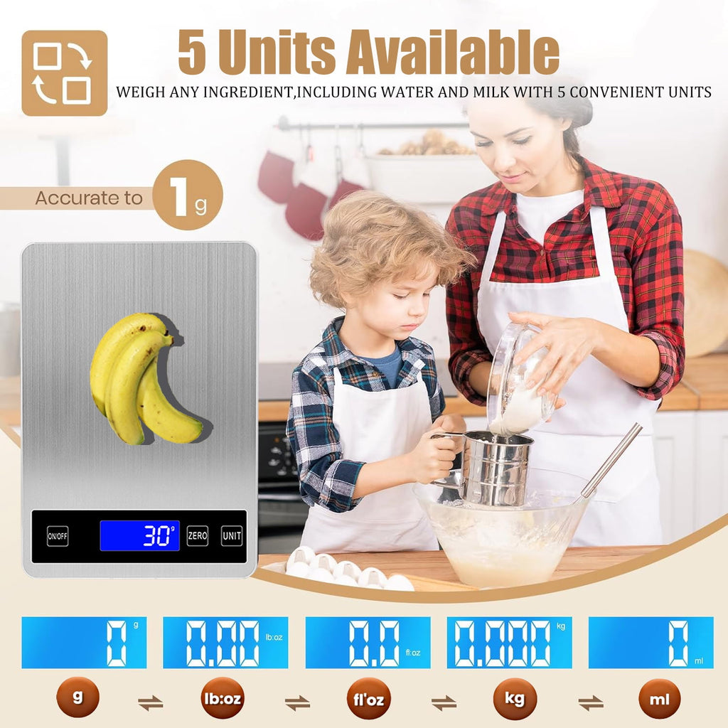 ZOWWKLLY Digital Food Kitchen Scale, Gram Scale 1g/0.1oz Accuracy, 15kg/33lb Stainless Steel with 5 Units, Tare Funct... - Image 6