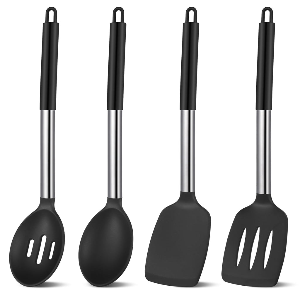 sixwipe Silicone Cooking Spatulas and Spoons, 4 Pack Heat Resistant Silicone Cooking Utensils Set, Non-stick Large Ki...